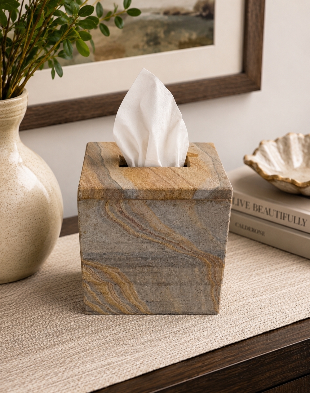 Natural Stone Marble Square Tissue Box Cover Holder 5.75x5.75x6in VG